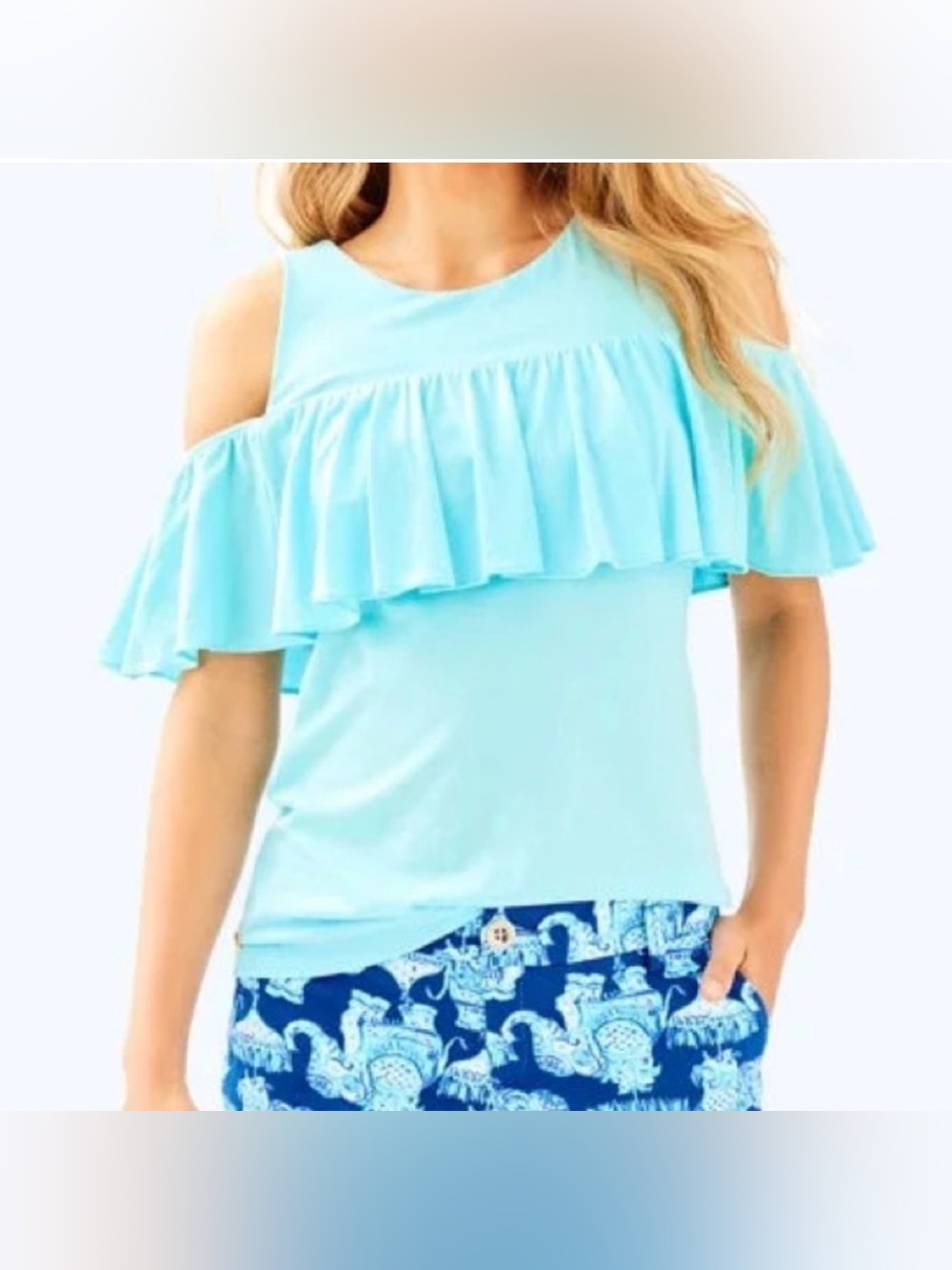 Cold-Shoulder Ruffle Women’s Top in Light Aqua